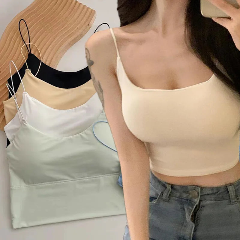 Lunivop Summer Crop Tops Women Sexy Tank Top Grils Lady Ice Silk Seamless Backless Vest Tube Top Underwear Padded Bra Bralette Camisole Ribbed Striped Patterned