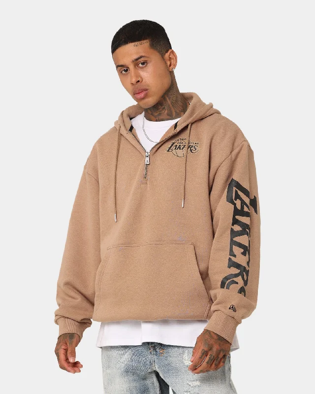 New Era Los Angeles Lakers Quarter Zip Sleeve Script Hoodie Khaki/Black Hoodie with Elastic Waist Stretchable Comfortable