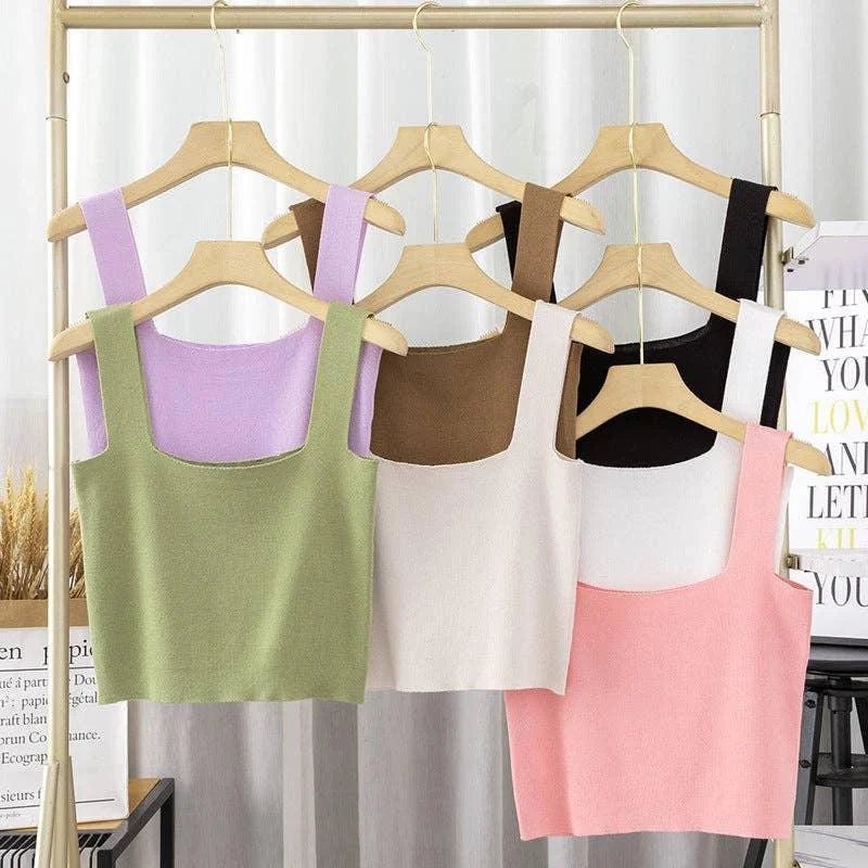 Ladie Solid Color Two Shoulder Daily Knit Crop Top 304 Elasticated Padded Insulated