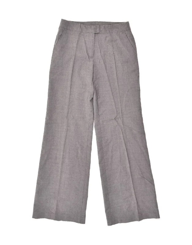 BENETTON Womens Wide Leg Suit Trousers IT 42 Medium W28 L31  Grey Wool Trousers Leather Faux