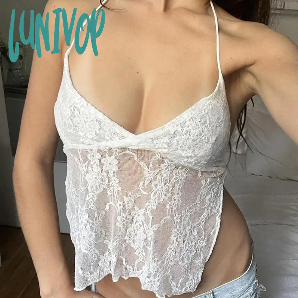 Lunivop Sexy Hook Floral Lace Patchwork Halter Camis for Holiday Party Coquette Backless Bandage Crop Tops Ladies Chic Corset Front Pockets Side Pockets Patch Pockets