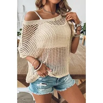 Hide And Seek Fishnet Short Sleeve Sweater Tee Solid Color Striped Floral Print