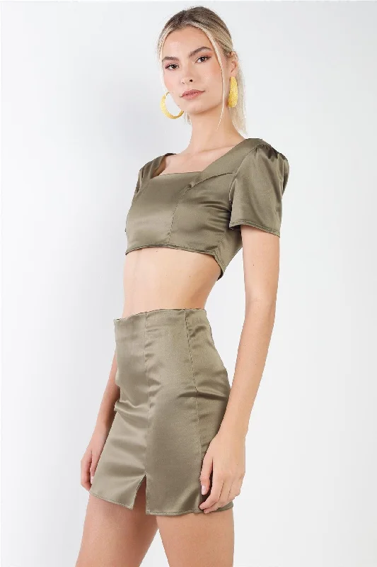 Olive Satin Effect Square Neck Crop Top & High Waist Slit Detail Mini Skirt Set /3-2-1 Asymmetrical Pockets Print