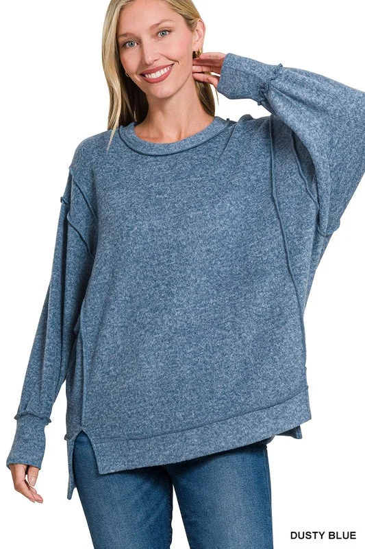 Double Edged Dusty Blue Oversized Hi Low Hem Sweater (Size L/XL) Fleece Sweater Nylon Polyester