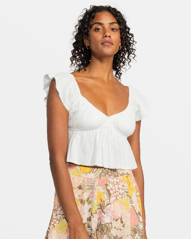 Brisa Flutter Sleeve Crop Top - Egret Boxy Fit Fitted Loose