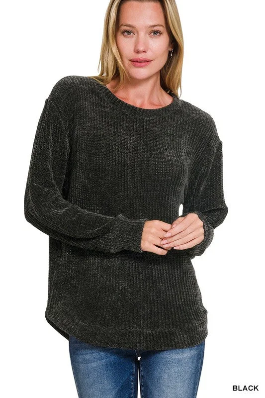 Its Over My Head Black Chenille Waffle Sweater Modern Contemporary Chic