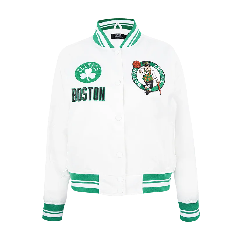 NBA BOSTON CELTICS RETRO CLASSIC WOMEN'S RIB SATIN JACKET (WHITE/GREEN) Fitted Jacket Loose Jacket Oversized Jacket