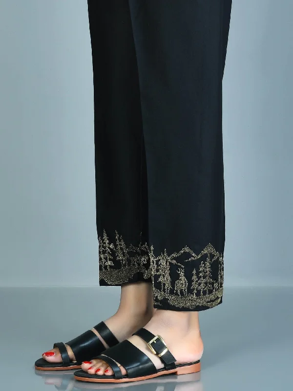 Embroidered Cambric Trousers - Black High Waist Slim Fit Ankle Length