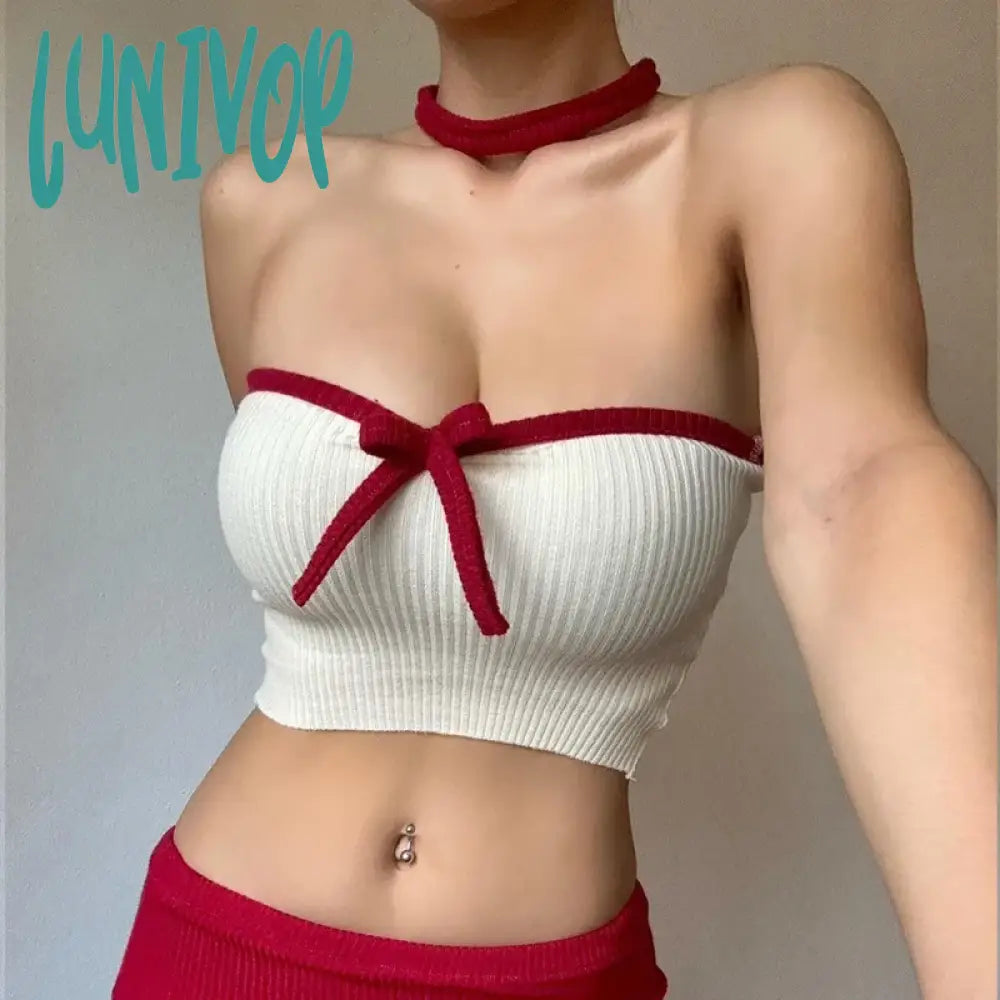 Lunivop Y2K Patchwork Color Bow Stitching Tank Top Sexy Strapless Off Off Shoulder Backless Crop Tops Hot Sweet Slim Camis Mesh Fabric Canvas Fabric Denim Fabric