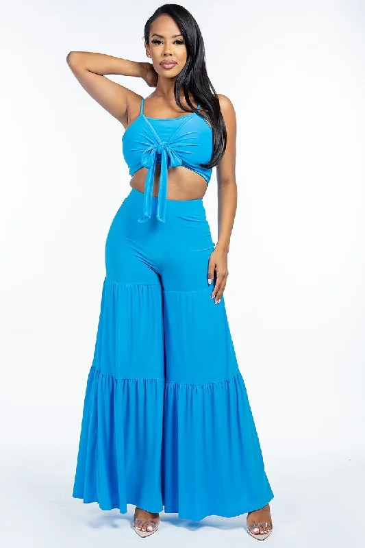Solid Tie Front Spaghetti Strap Tank Top And Tiered Wide Leg Pants Two Piece Set teal tank top