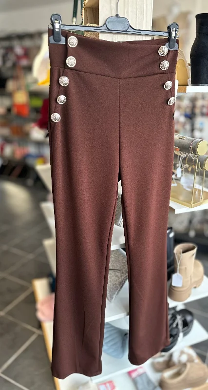 Brown high waisted button detail flared trousers Trousers Custom Made