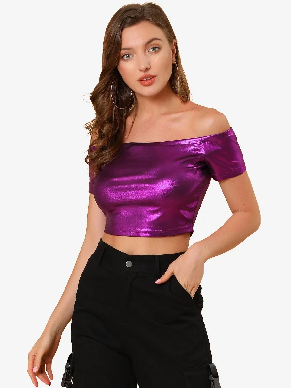 Halloween Off Shoulder Party Club Slim Fit Shiny Metallic Crop Top Print Jacquard Patchwork