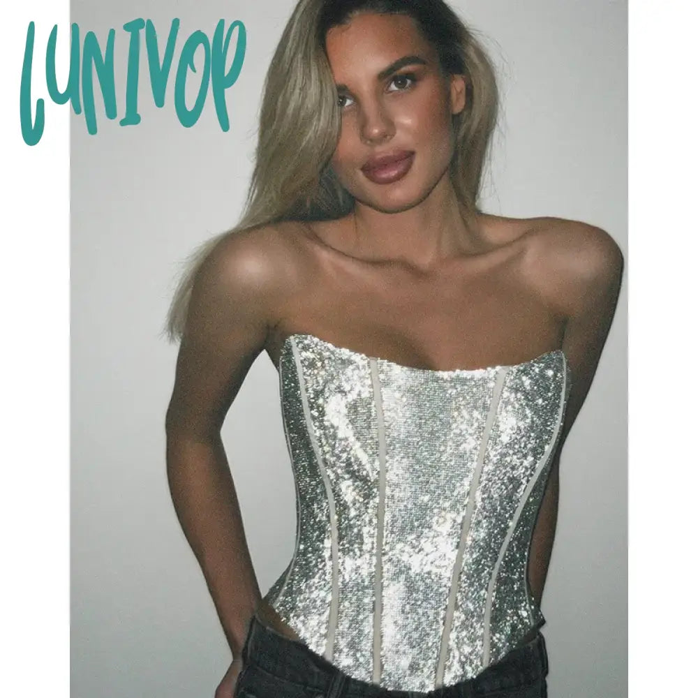 Lunivop Silver Sparkling Busiter Corset Top Club Wear Sexy Backless Bandage Crop Tops for Womens Y2k Tube Tops Lace Blend Ribbed Blend Corduroy Blend