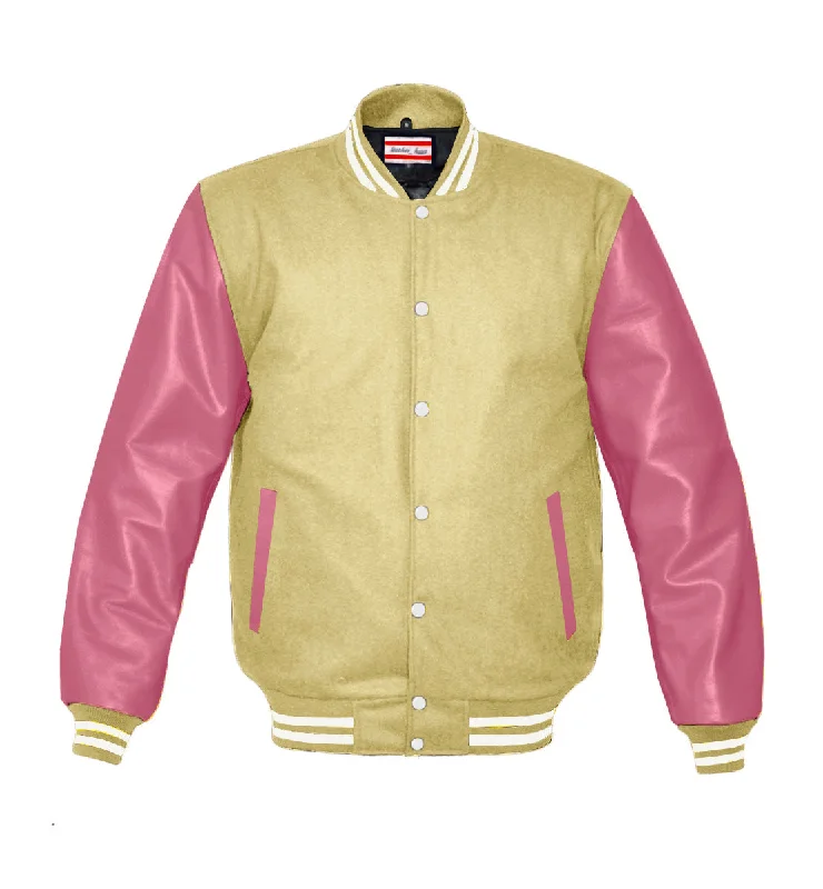 Superb Genuine Pink Leather Sleeve Letterman College Varsity Women Wool Jackets #PKSL-WSTR-WB V-Neck Jacket Boat Neck Jacket Square Neck Jacket