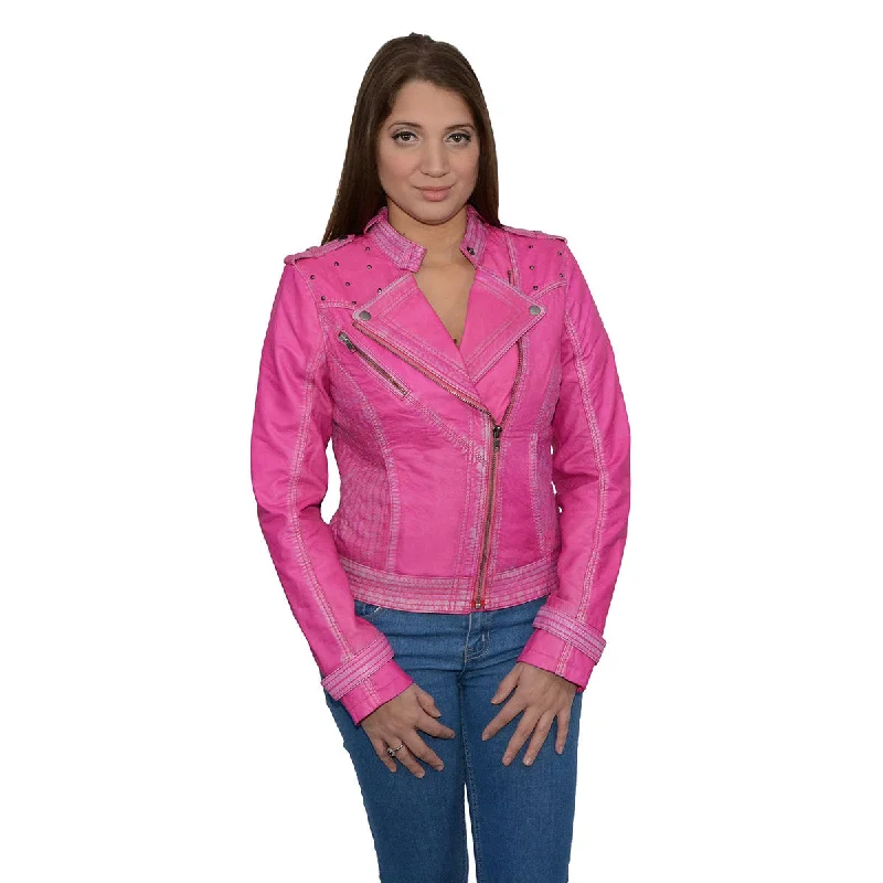 Milwaukee Leather Women's Maiden Pink Premium Sheepskin Motorcycle Fashion Leather Jacket with Studs SFL2840 A-Line Jacket Boat Neck Shawl Collar