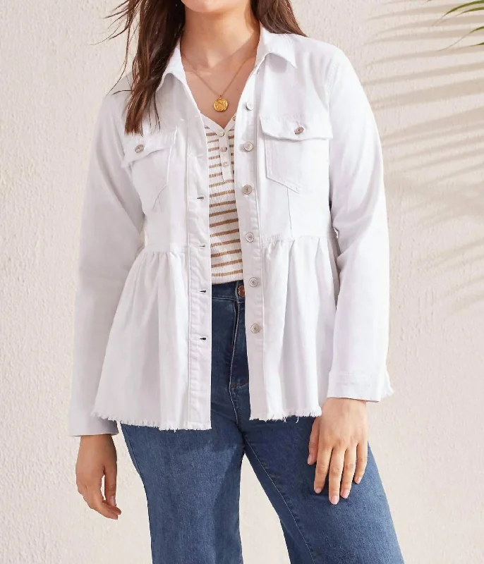 Peplum Denim Pocket Jacket In White Boat Neck Shawl Collar Notched Collar