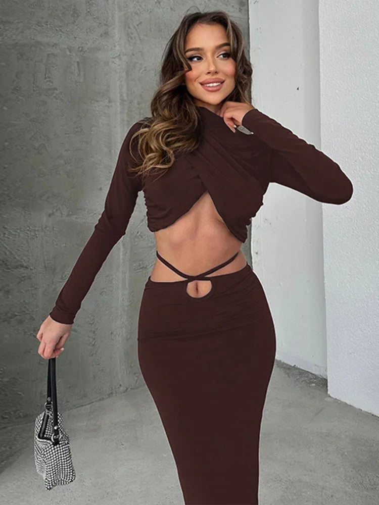 Lunivop Sexy Skirt Two Pieces Sets For Women Long Sleeve Lace-up Crop Top And Long Skirt Elegant Bodycon Sexy Two Pieces Sets Notch Collar Peter Pan Collar Cowl Neck