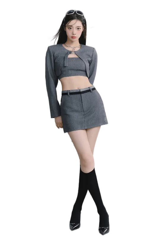 Retro Short Tube Top Skirt Classic Suit button skirt front