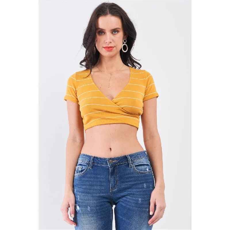Mustard & Ivory Striped V-Neck Wrap Front Crop Top Anti-Pilling Machine Wash Handmade