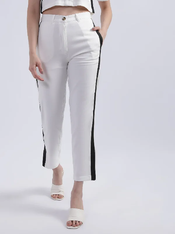 Centre Stage Women Off White Solid Trouser Trousers Office Stylish