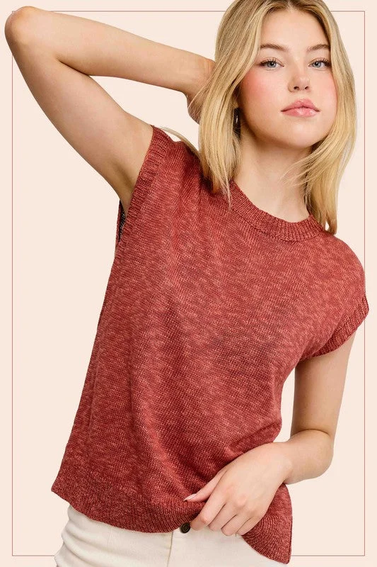 Treasured Times Baked Clay Sleeveless Ribbed Knit Sweater Top Beaded Sweater Sequined Faux Fur