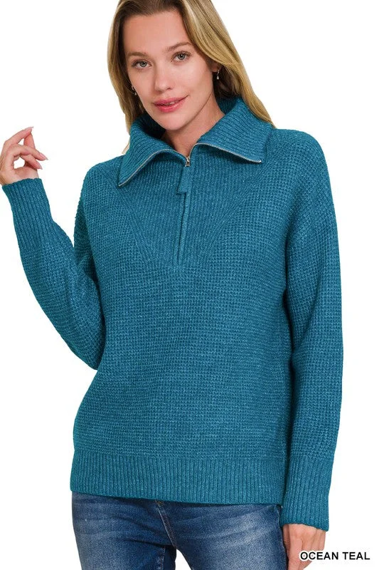 Zip It Up High Collar Ocean Teal Sweater (Size Large) Oversized Loose Flowy