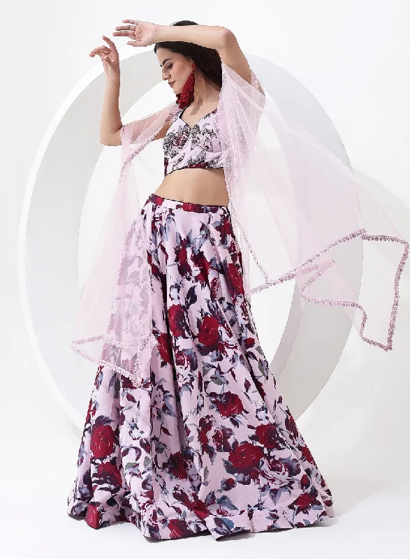 Baby Pink Color with Floral Digital Print Lehenga Choli with Jacket Style Dupatta. Bomber Jacket Anorak Windbreaker