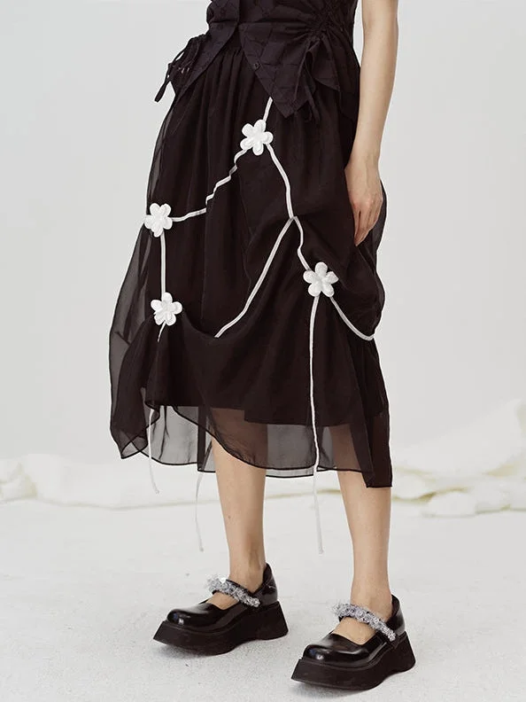Black Floral Embroidered Midi Skirt - Sheer Overlay Asymmetric Gothic Lolita Style velvet skirt glossy
