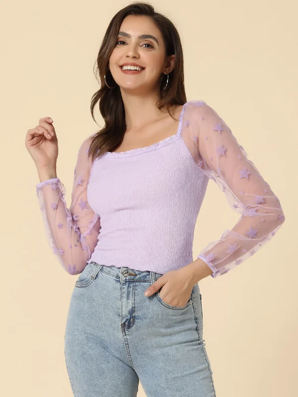 Sheer Star Long Sleeve Square Neck Sexy Textured Gothic Crop Top Machine Wash Dry Clean Hand Wash