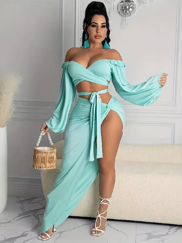 Flirty Solid Two-Piece Skirt Set - Off-Shoulder Crop Top with Twist Detail & High-Slit Skirt Outfit - Chic Womens Casual/Party Wear Chenille Brocade Lace