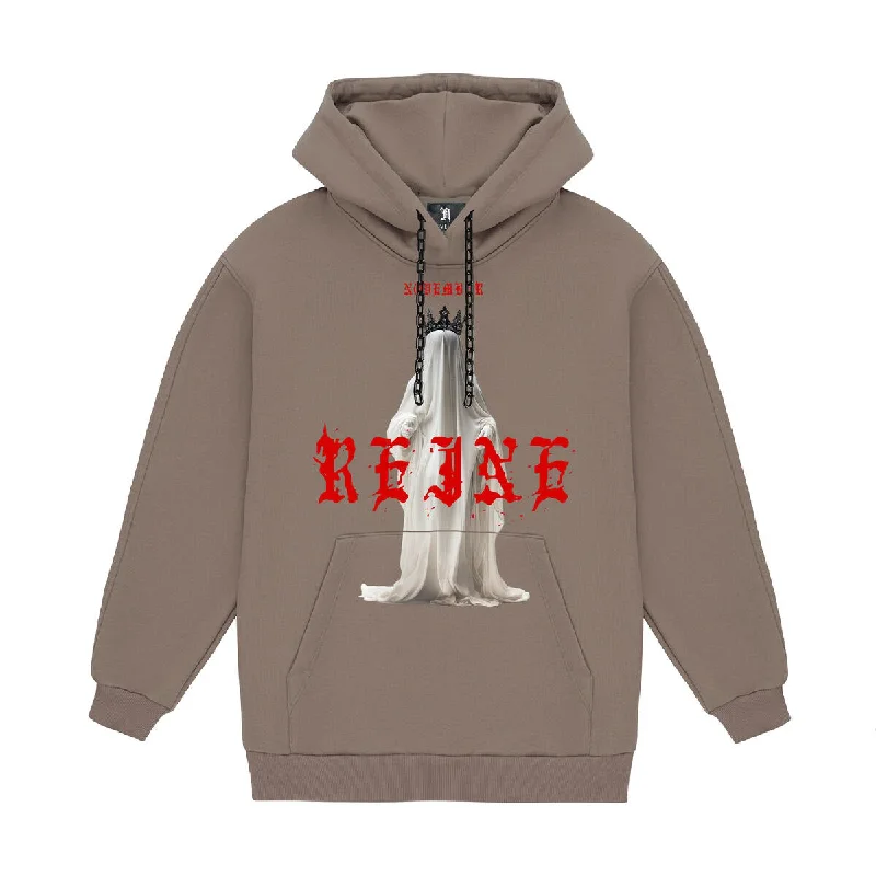 November Reine QUEEN OF THE DAMNED HEAVYWEIGHT CHAIN HOODIE (TAUPE AND RED) Hoodie with Hem Embroidery Detailed Premium