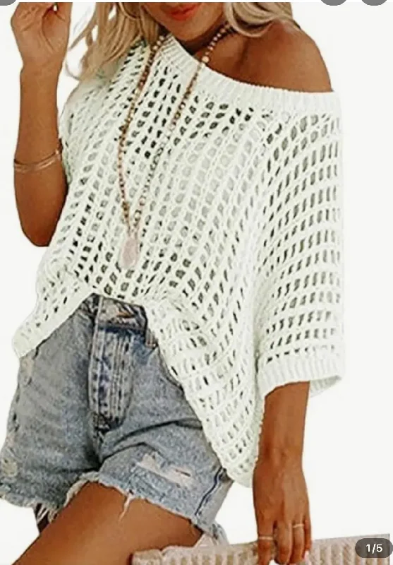 In Plain Sight White Fishnet Short Sleeve Sweater Lace Blend Ribbed Blend Corduroy Blend