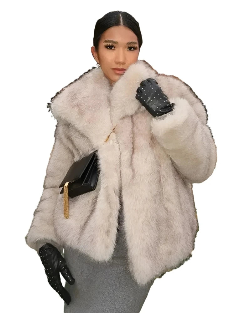 Luxury Fluffy Faux Fur Women Jacket Winter Long Sleeve Shaggy Overcoats Thick Warm Fox Fur Coat Female Street Outerwear Nylon Fabric Polyester Fabric Spandex Fabric