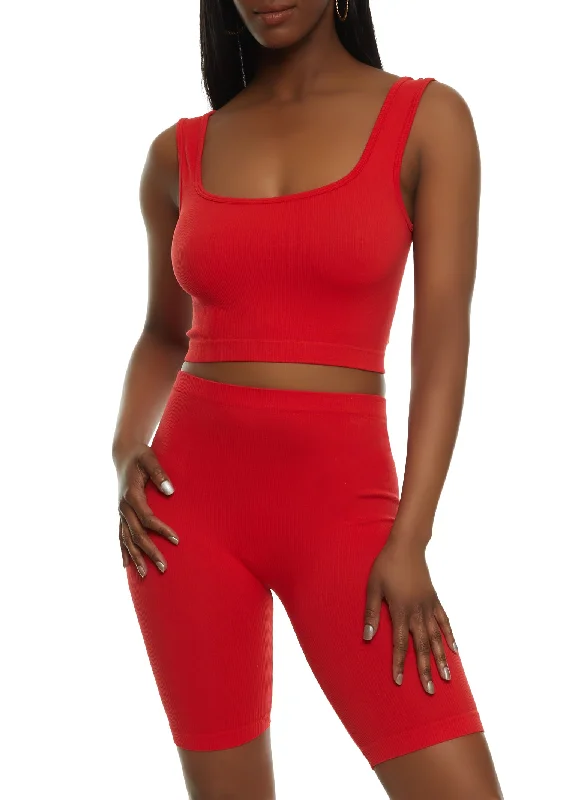 Seamless Square Neck Cropped Tank Top and Biker Shorts breathable tank top