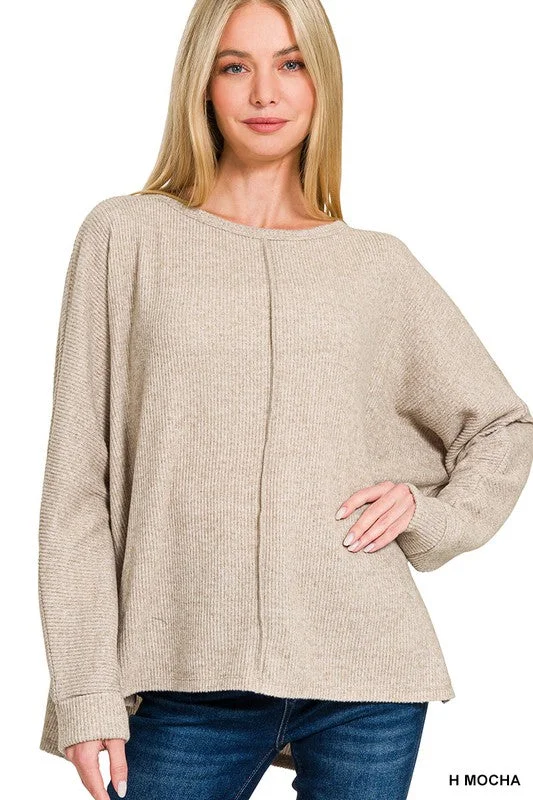 Center Of Attention Heather Mocha Ribbed Dolman Sleeve Sweater Seamless Knitted Crochet