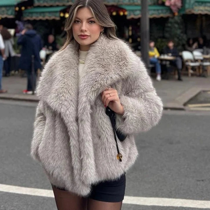 Gradient Fluffy Fur Coat Women High Street Luxury Big Faux Fur Collar Jacket Female Overcoats Faux Fur Fabric Real Fur Fabric Shearling Fabric