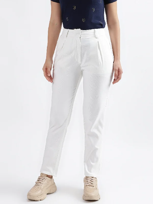 Iconic Women White Solid Regular Fit Trouser Trousers Pleated Formal
