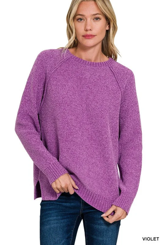 Right Here Waiting Violet Chenille Sweater Herringbone Houndstooth Plaid