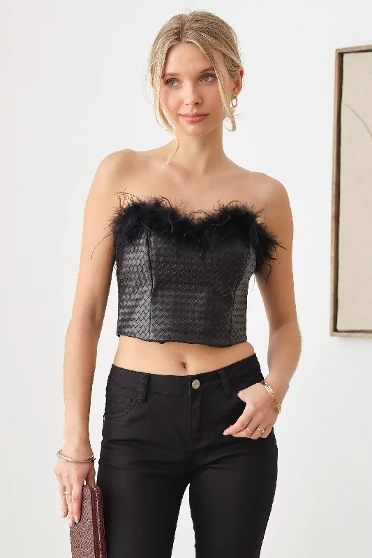 Faux Leather Feather Tube Crop Top Asymmetrical Pockets Print