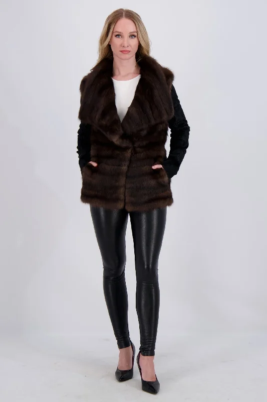 HORIZONTAL SABLE JACKET WITH LAMB SLEEVES Hooded Jacket Caped Jacket Shawl Collar Jacket