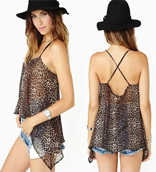 Hot Sale New Fashion Summer Women Chiffon Tank Tops Sexy Sleeveless Casual Tops Cross Back Leopard Camis crossback tank top