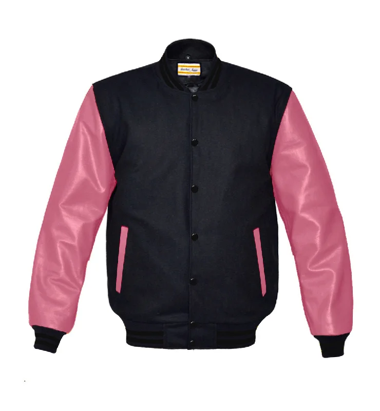 Superb Genuine Pink Leather Sleeve Letterman College Varsity Women Wool Jackets #PKSL-BSTR-BB Belted Jacket Elasticated Jacket Padded Jacket