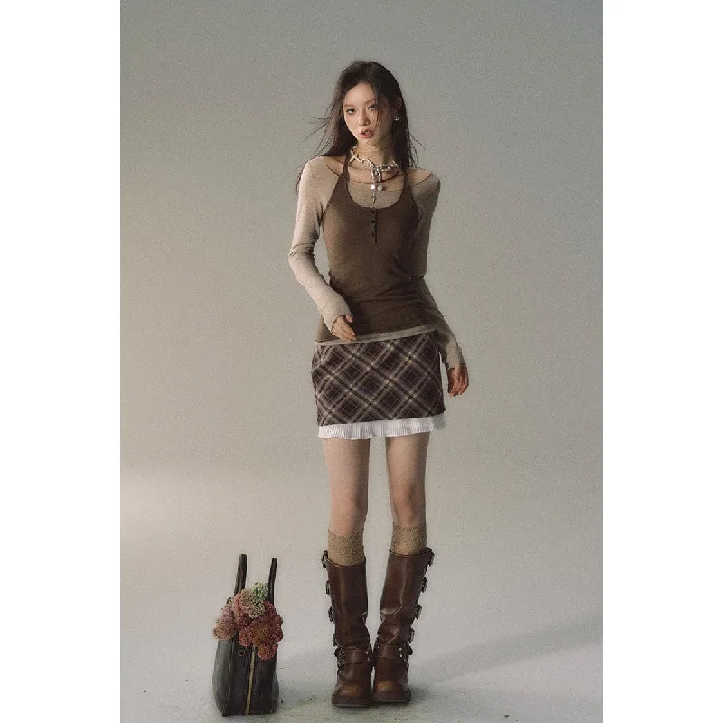 Checkered Mini Skirt - Brown Color Blocking elastic waist skirt