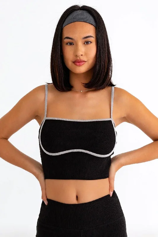 Contrast Binding Spaghetti Ribbed Crop Top Print Jacquard Patchwork