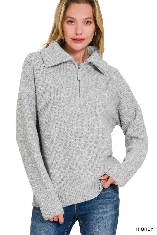 Zip It Up High Collar Heather Grey Sweater Transparent Opaque Sheer