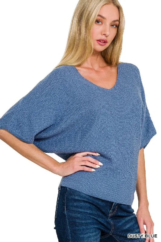 Amazing Days Dusty Blue V-Neck Sweater Top Satin Fabric Silk Fabric Chiffon Fabric