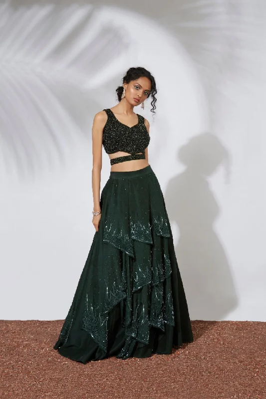 FOREST GREEN 32 PANELS EMBROIDERED LEHENGA CROP TOP SET Lace Blend Ribbed Blend Corduroy Blend