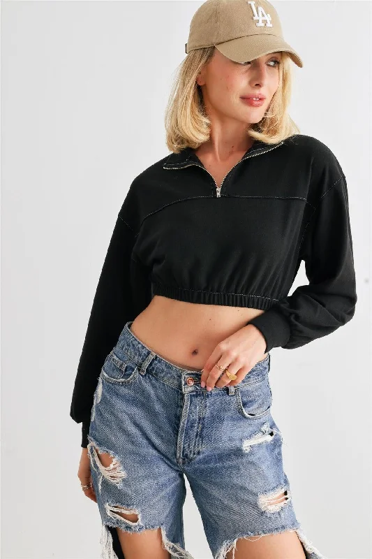 Black Zip-Up Mock Neck Long Sleeve Elastic Hem Crop Top /1-2-2-1 Cashmere Blend Cotton Blend Poly Blend