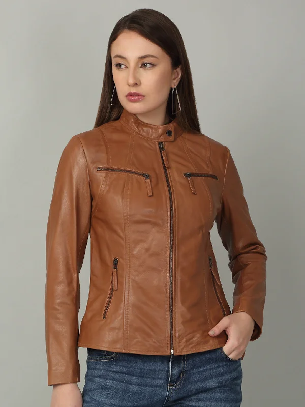 Women Sleek Cognac Leather Jacket Stand-Up Collar Roll-Neck Collar Turtle Neck