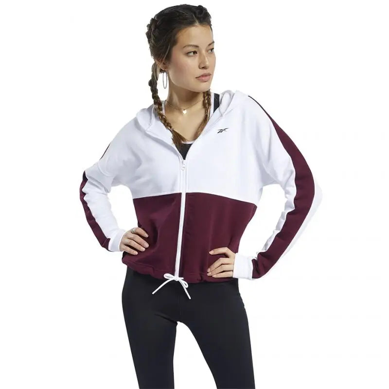 Reebok Women's Burgundy-White Linear Logo Zip Hoodie Sweatshirt with Drawstring and Pockets Hoodie with Pocket Utility Practical